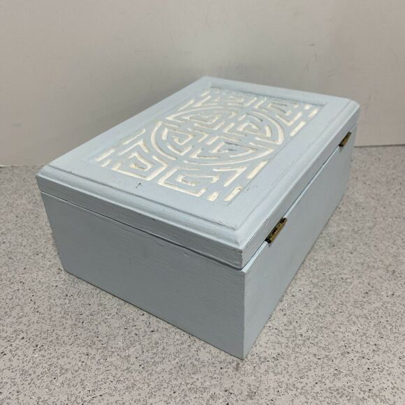 Vintage jewelry trinket keepsake box modified wood painted blue & white crafted - Picture 8 of 10